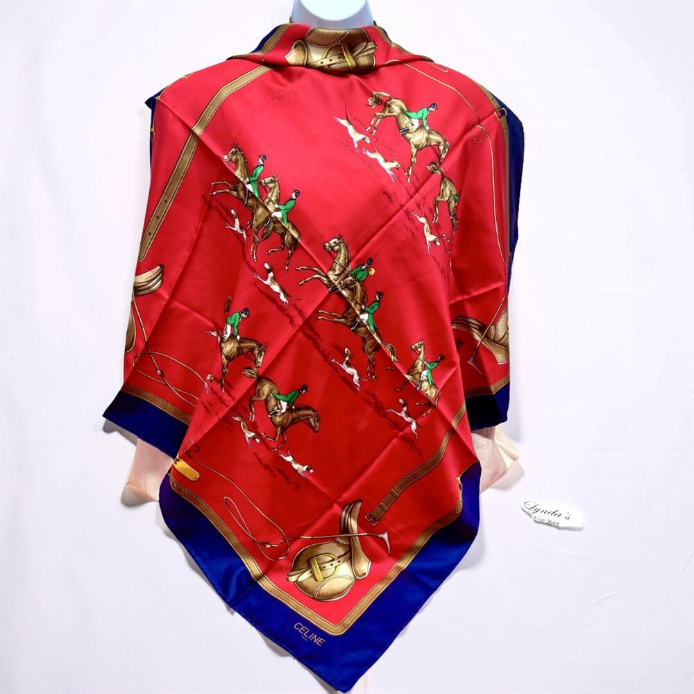 Unused-CELINE Paris 100% SilkScarf 34" x34" Red Blue Hourses Dogs Italy Made(59 - Picture 2 of 15